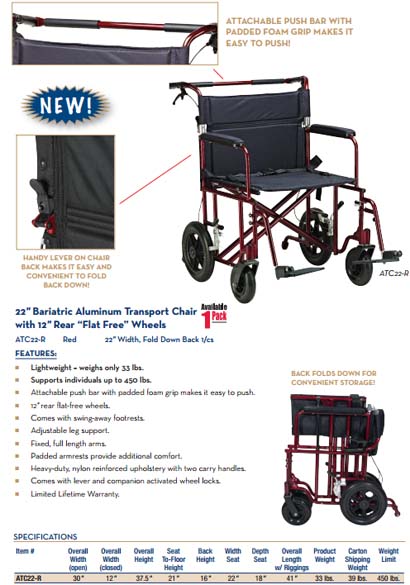 22" Bariatric Aluminum Transport Chair, 12" Rear Flat Free Tires